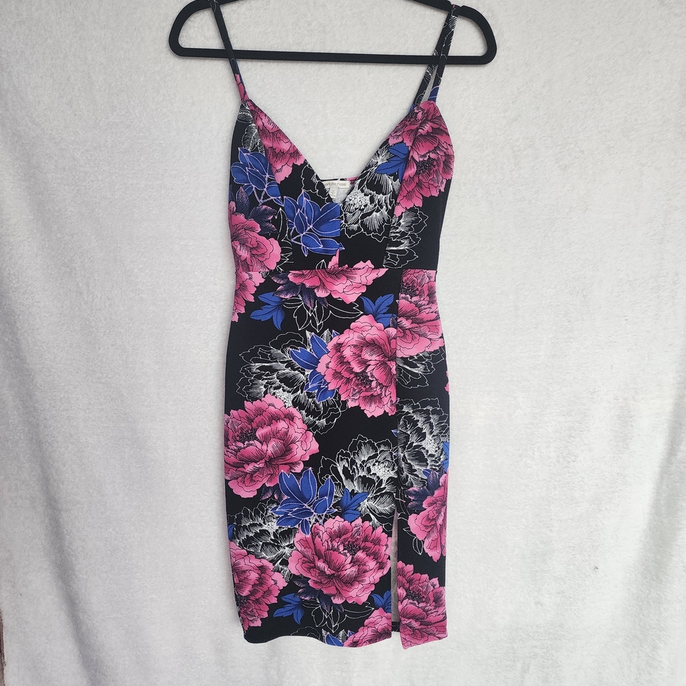 Charlotte Russe Size M Black Mini Dress with Pink and Blue Floral Pattern